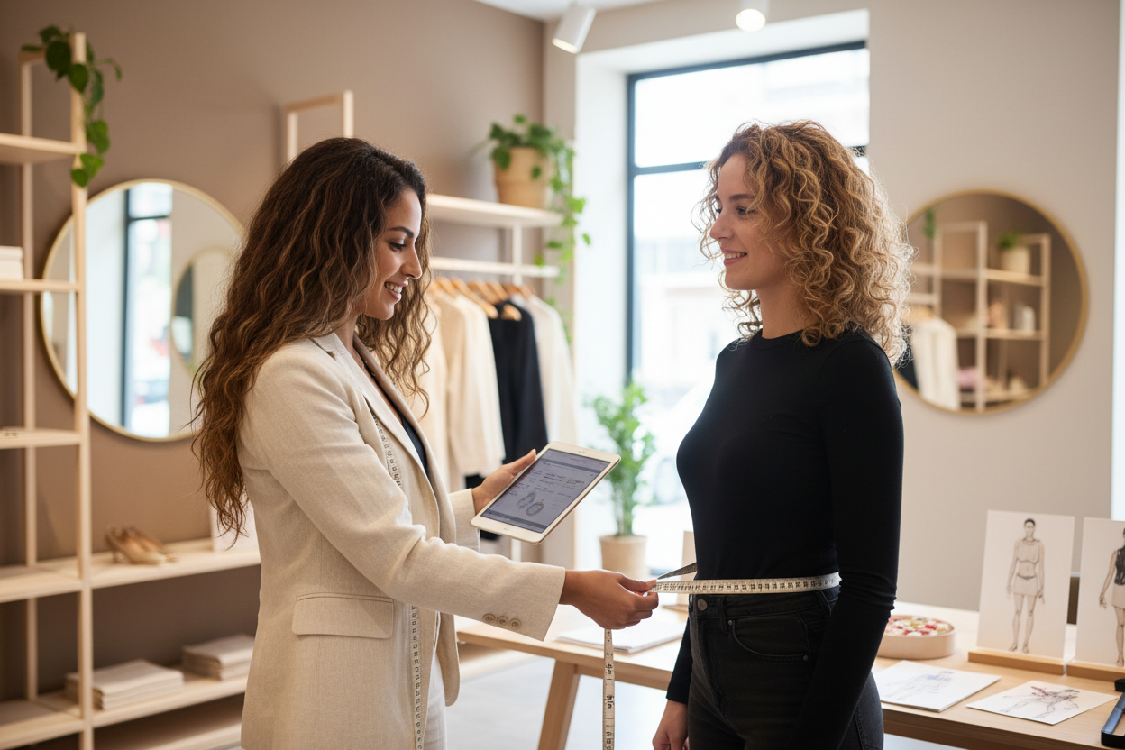 Dans un magasin Femme brune maghrébine cheveux long souriante prenant les mesures dune femme pour la morphologie 